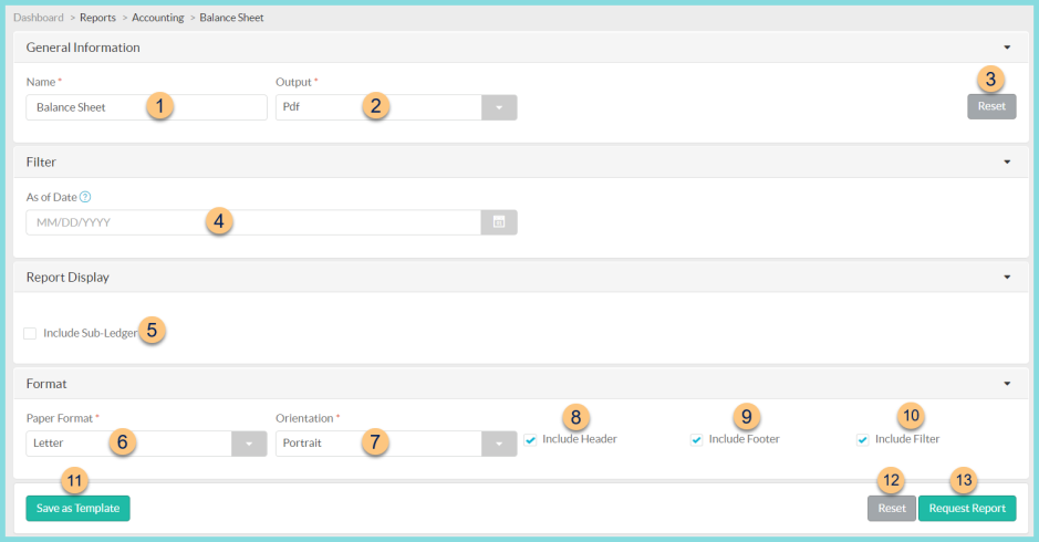 A screenshot of the balance sheet report configuration as described on this screen.