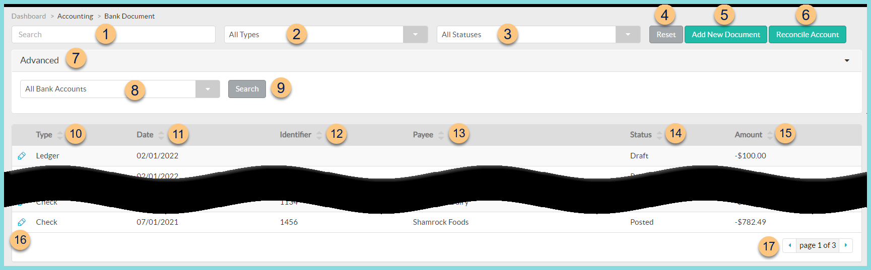 A screen shot of the Accounting Bank Document screen as described on this page.