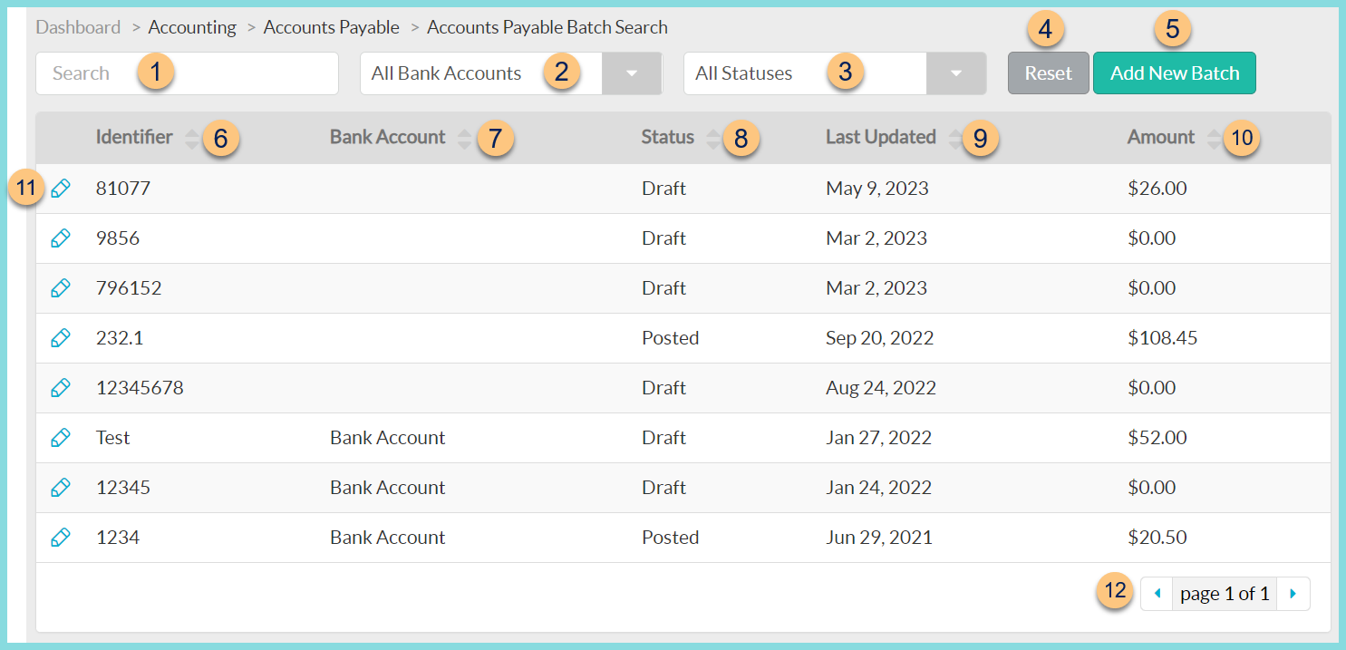 Screenshot of Accounts Payable Batches as described on this page.