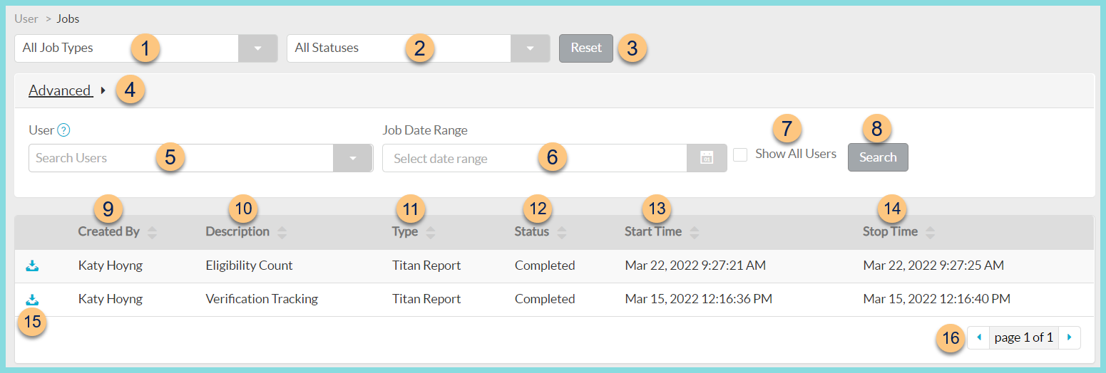 Screenshot of Jobs screen as described on this page.
