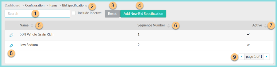 Screenshot of the Bid Specifications screen as described on this page.