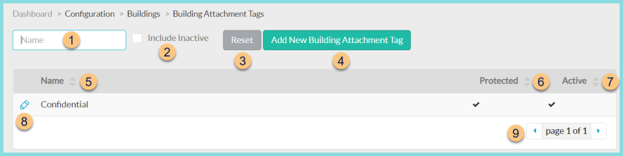 Screenshot of the Building Attachment Tags screen as described on this page.