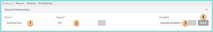 Screenshot of the General Information section of the Building Data report configuration as described on this page.