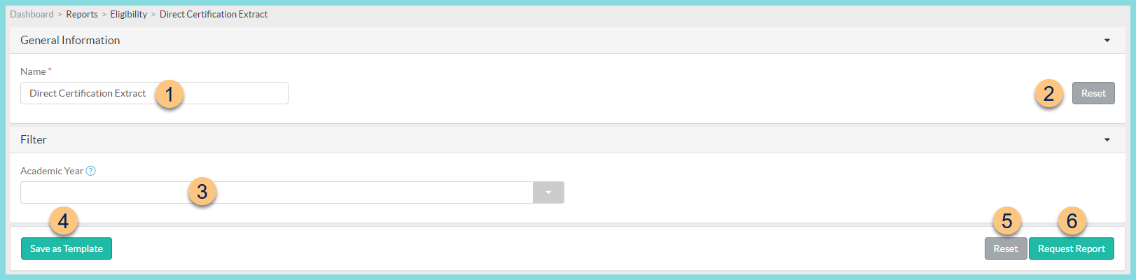 A screenshot of the Direct Certification Extract report configuration screen as described on this page.