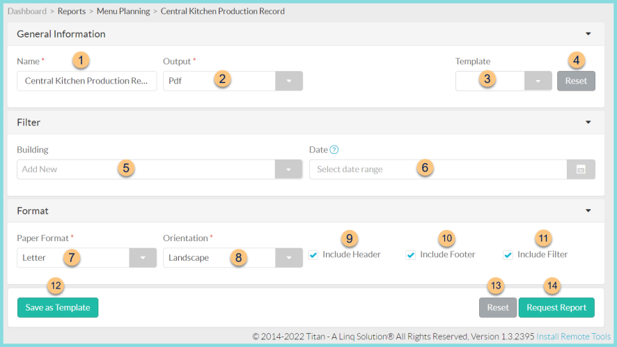 A screenshot of the central kitchen production record report as described on this page.