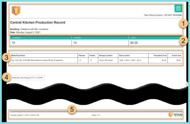 A screenshot of an example central kitchen production record report as described on this page.