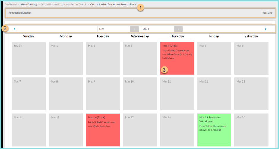 Screenshot of the Central Kitchen Production Record Calendar screen as described on this page.