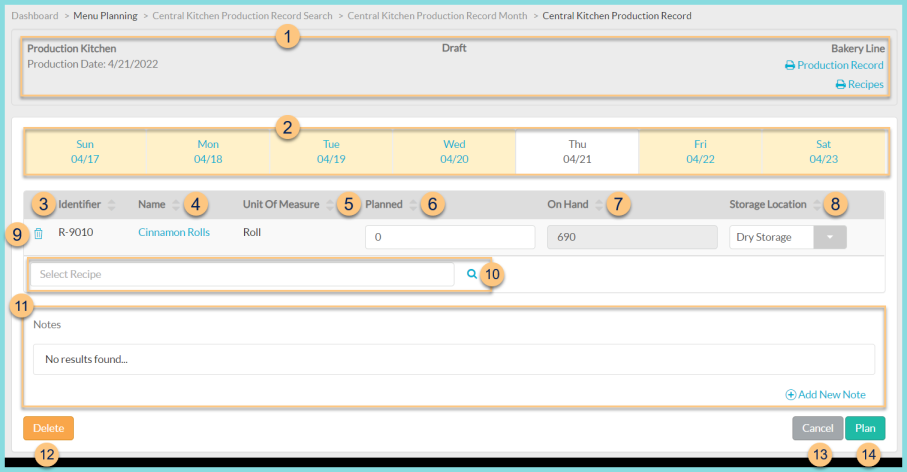 A screenshot of a central kitchen production plan as described on this page.