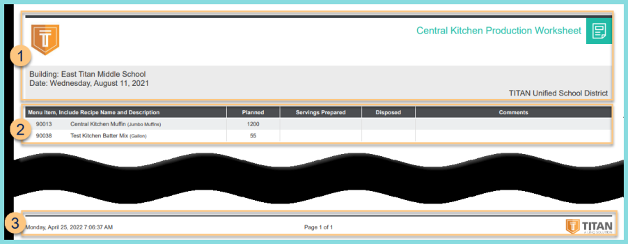 A screenshot of an example central kitchen production worksheet as described on this page.