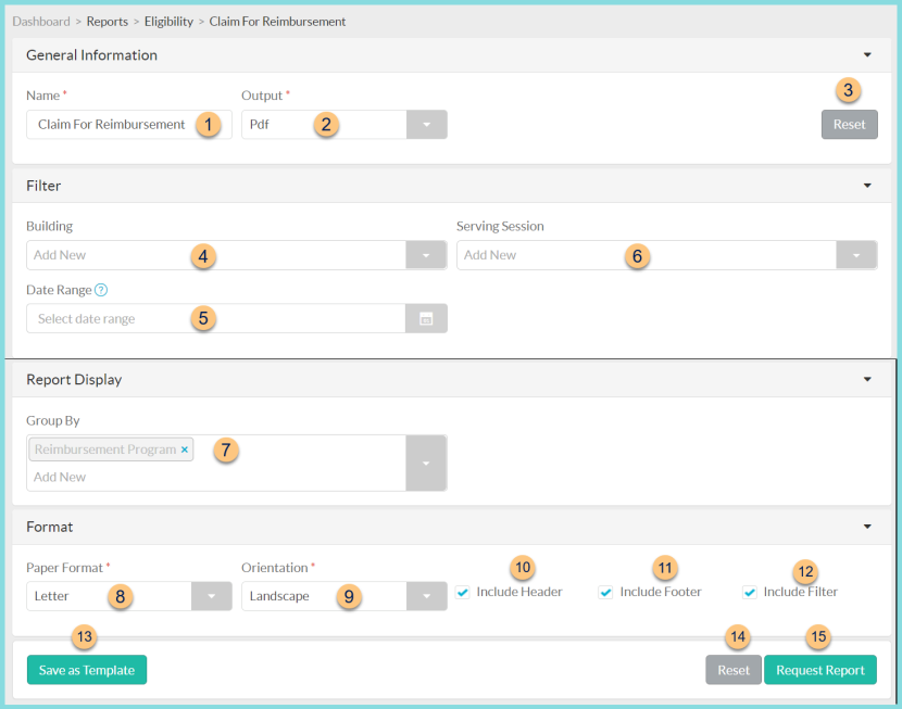 Screenshot of the Claim for Reimbursement Report General Information, Filter, and Display configuration as described on this page.