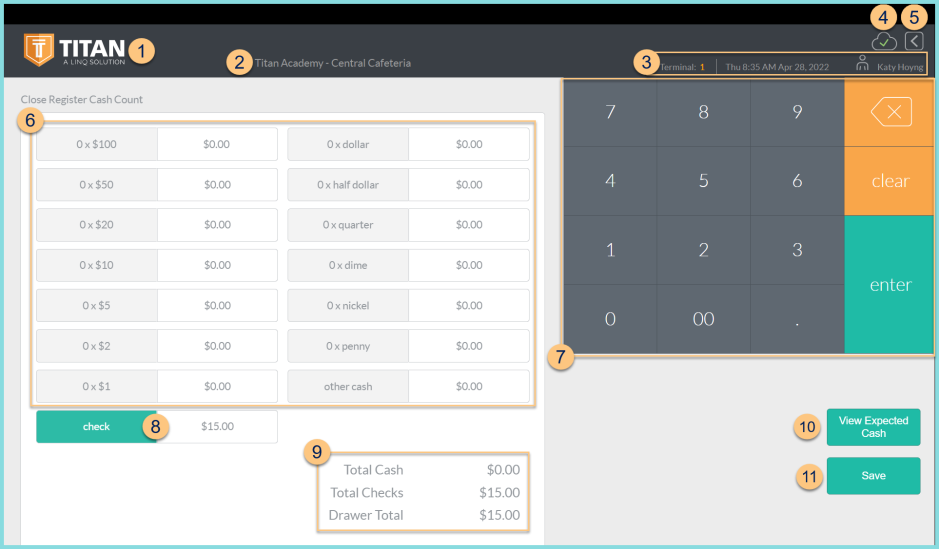 A screenshot of the POS close register screen as described on this page.