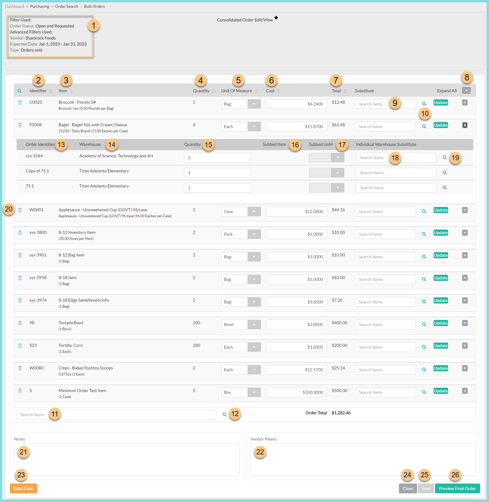 A screenshot of the consolidated order screen as described on this page.