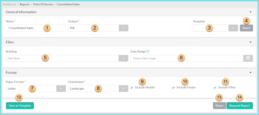 A screenshot of the consolidated sales report configuration screen as described on this page.