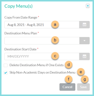 Screenshot of the copy menu modal as described on this page.