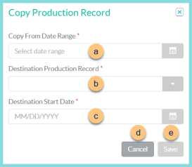 Screenshot of the Copy Production Records modal as described on this page.