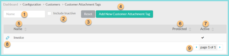 Screenshot of the Customer Attachment Tags screen as described on this page.