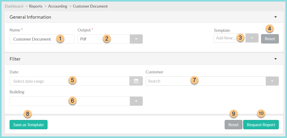 A screenshot of the customer documents report configuration screen as described on this page.