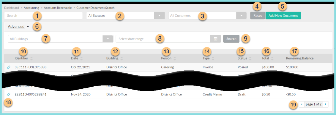Screenshot of the Customer Document screen as described on this page.