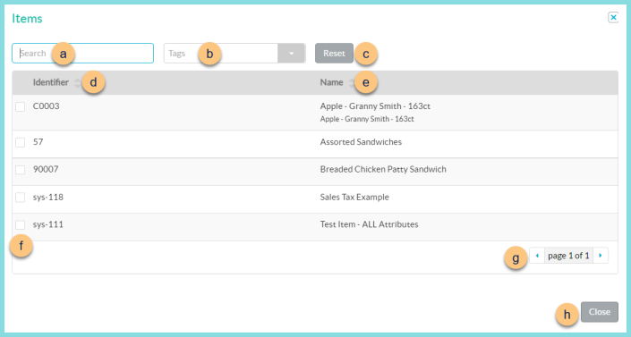 Screenshot of the Item Search modal as described on this page.