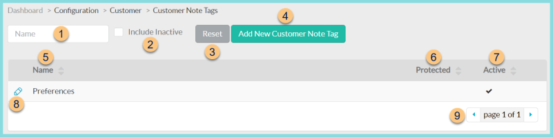 A screenshot of the Customer Note Tags configuration screen as described on this page.