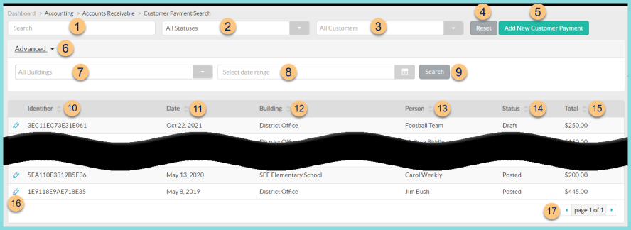 Screenshot of the Customer Payments screen as described on this page.