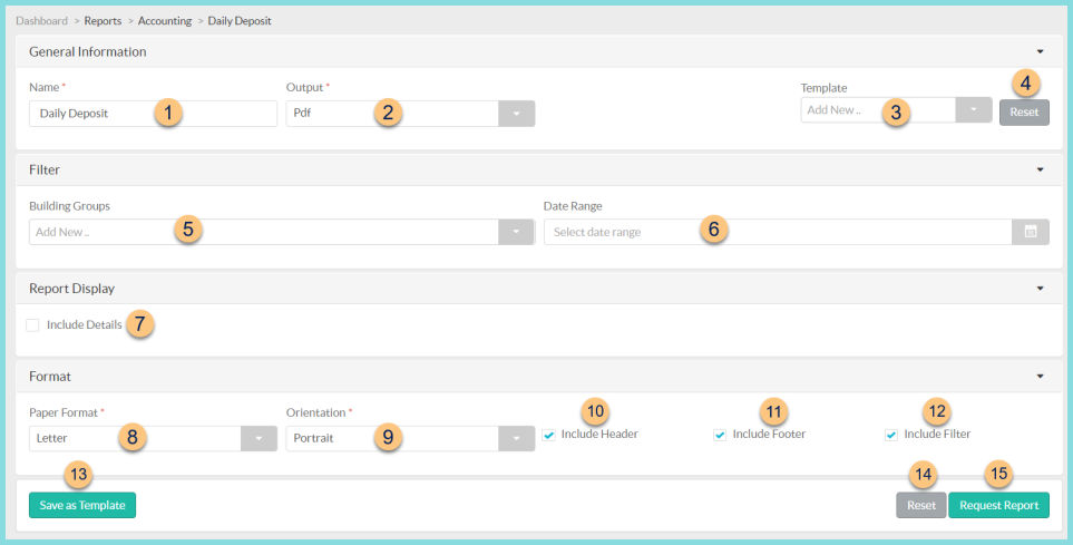 A screenshot of the Daily Deposit report configuration screen as described on this page.