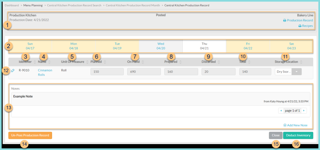 A screenshot of the production record screen as used for deducting used inventory as described on this page.