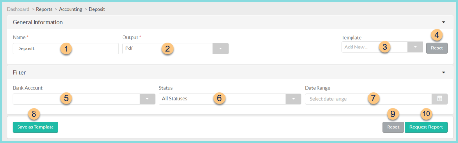 A screenshot of the Desposit Report configuration screen as described on this page.