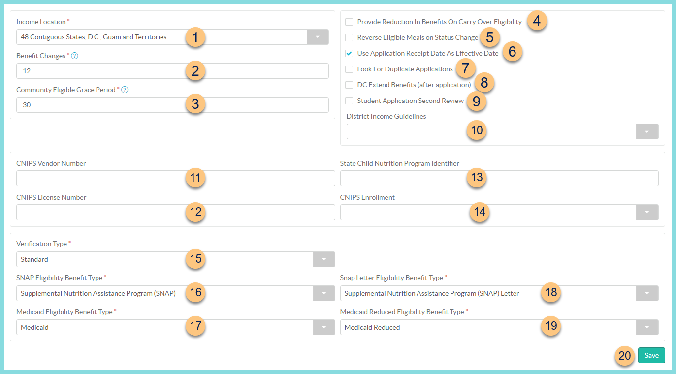 A screenshot of the district configuration screen for meal applications as described on this page.