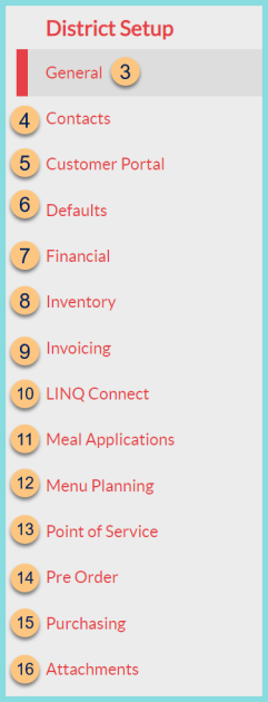 A screenshot of all of the district setup menu options as described on this page.