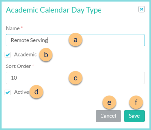 Screenshot of the Edit Academic Calendar Day Type modal as described on this page.