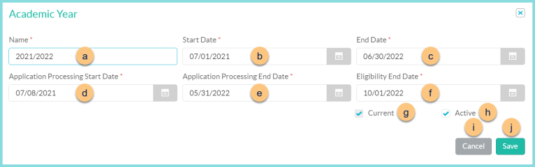 Screenshot of the Edit Academic Years modal as described on this page.