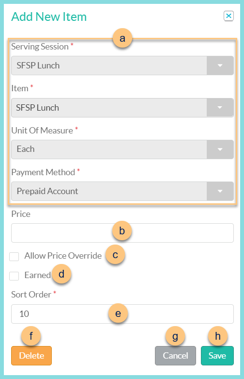 Screenshot of editing a served item on an administrative sale layout as described on this screen.