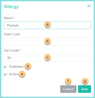 Screenshot of editing an existing allergen as described on this page.