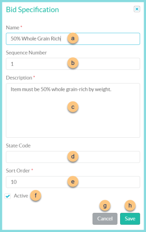 Screenshot of the Edit Bid Specifications modal as described on this page.