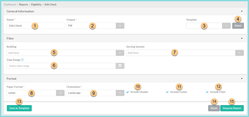 Screenshot of the Edit Check Report General Information, Filter, and Format sctions as described on this page.