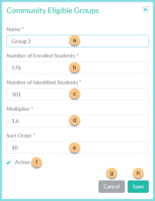 A screenshot of the community eligible groups modal as described on this page.