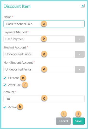 Screenshot of the Edit Discount Items modal as described on this page.