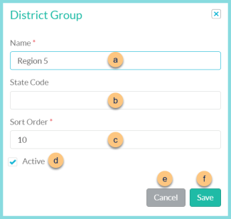 Screenshot of the Edit District Group modal as described on this page.