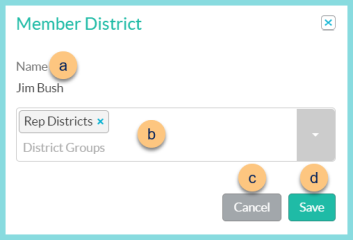 Screenshot of the Edit Memeber Districts modal as described on this page.