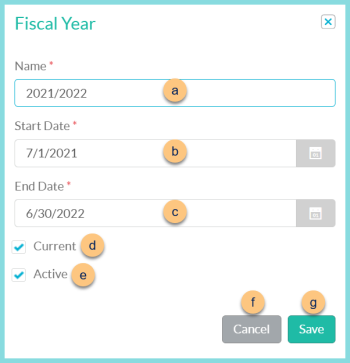 A screenshot of editing an exsisting fiscal year as described on this page.