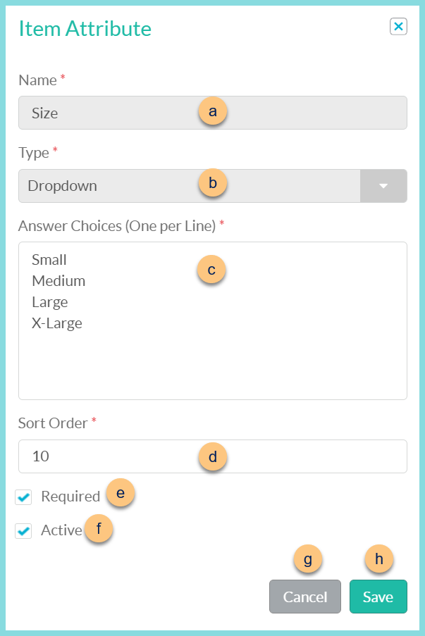 A screenshot of the item attribute modal as described on this page.