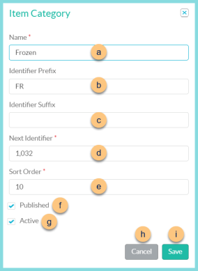 Screenshot of the Edit Item Categories modal as described on this page.
