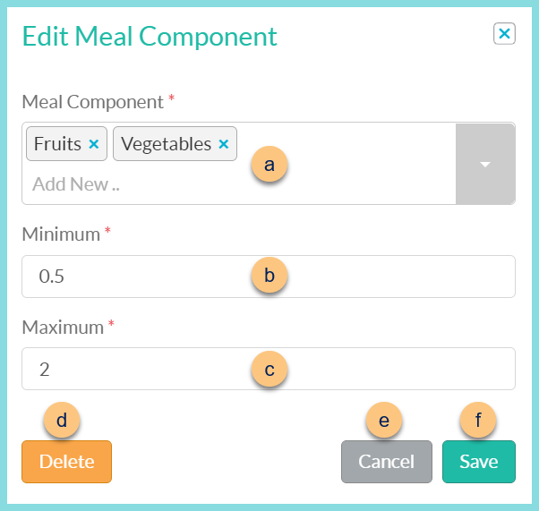 A screenshot of the edit meal component modal as described on this page.