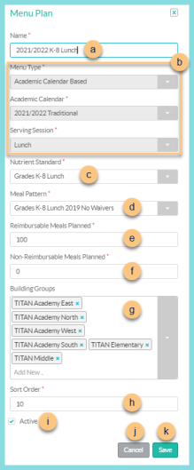 A screenshot of the Menu Plan settings modal as described on this screen.