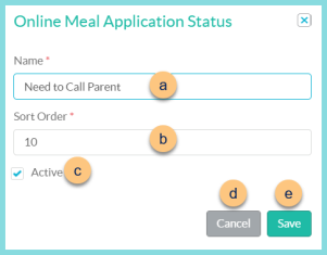 Screenshot of the Add New Online Meal Application modal as described on this page.