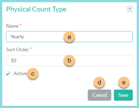 Screenshot of the Edit Physical Count Types modal as described on this page.