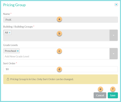 Screenshot of the Edit Pricing Group modal as described on this page.