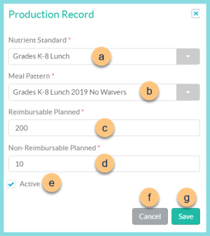 Screenshot of the Edit Production Record modal as described on this page.