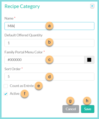 Screenshot of the Edit Recipe Category modal as described on this page.